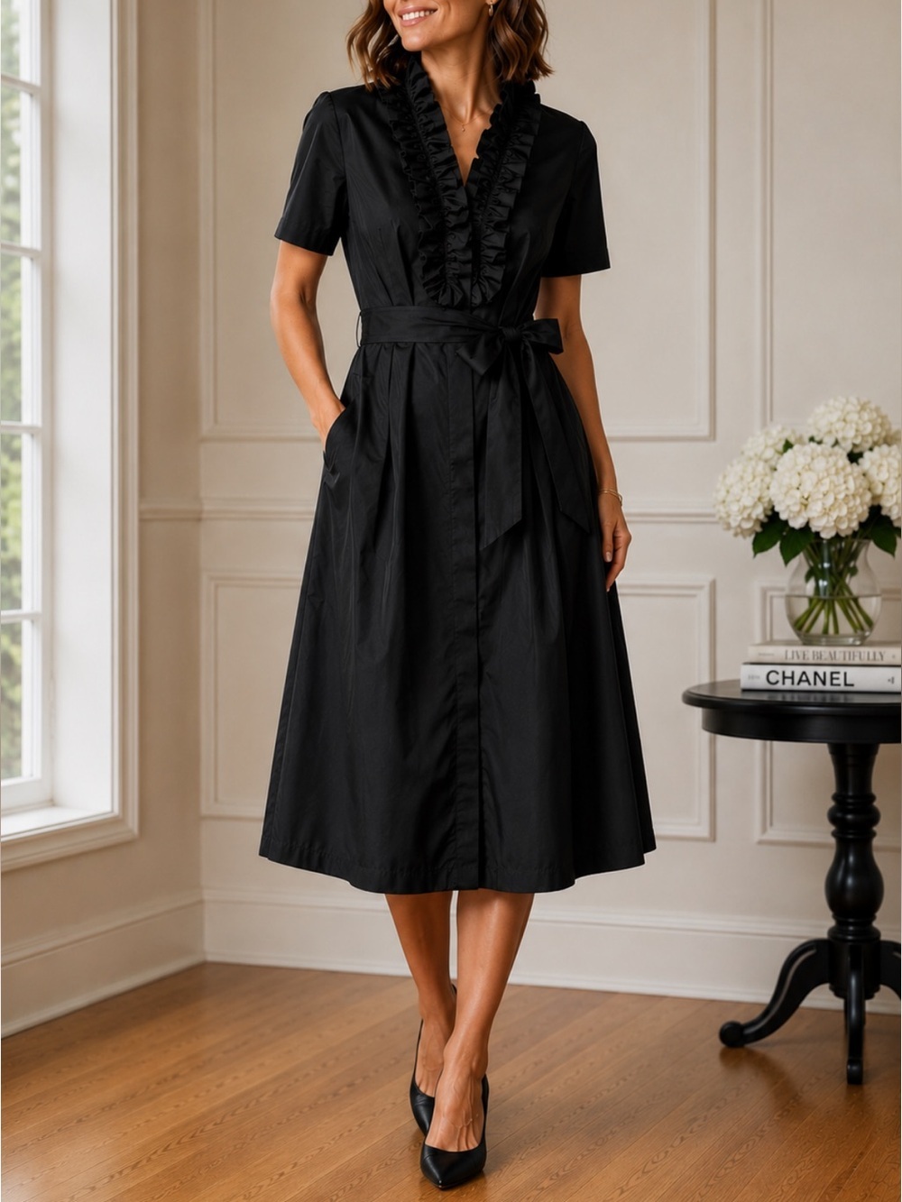 LAFAYETTE 148 New York Ruffle Front Shirt Dress Black Size 12 Cotton Blend Midi